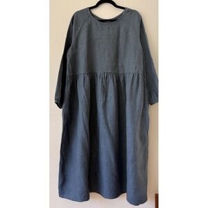 Linenfox Margo Linen Wool Dress Blue Size S-M Oversized Cottagecore Maxi A-line